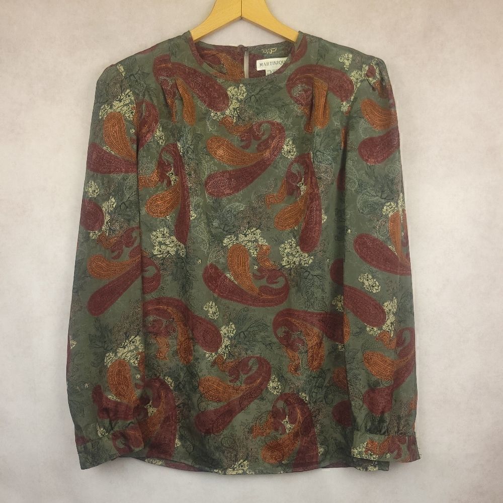 Vintage Martinique Green Orange Paisley Floral Long Sleeve Blouse Size 8